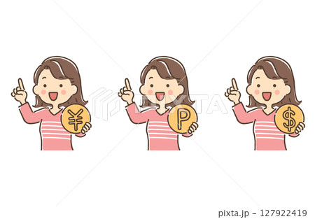 コインを持ち人差し指を立てている若い女性（￥・P・＄） 127922419