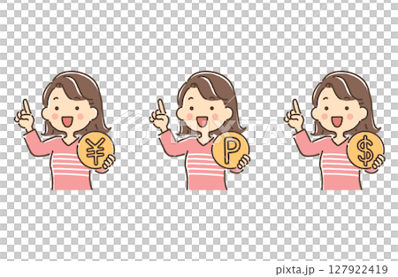 コインを持ち人差し指を立てている若い女性（￥・P・＄） 127922419