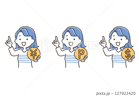 コインを持ち人差し指を立てている若い女性（￥・P・＄） 127922420