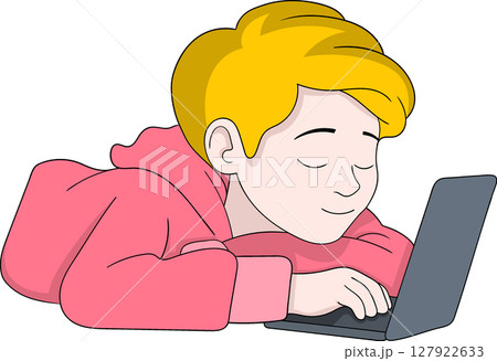 Lazy Student Lying While Using Laptop Illustration 127922633