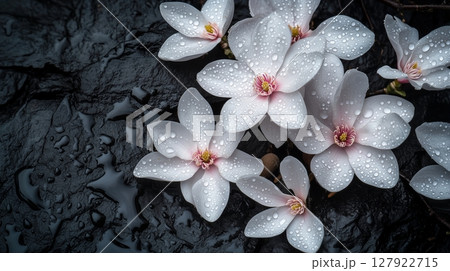 Delicate white flower magnolia with dew drops on dark stone with puddles of water 127922715