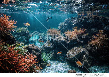 Underwater scene with coral reefs, small fish, and natural rocks in clear blue water, lit by sun rays filtering through the surface. 127923068