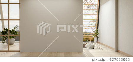 A white wall between corridor and conversation pit with a large wall window and nature view outside. 127923096