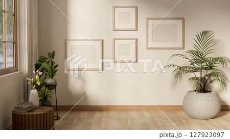 Empty wooden frames hanging on white wall in corner of living room or corridor. Gallery photo wall. Empty wooden frames hanging on white wall in corner of living room or corridor. Gallery photo wall. 127923097