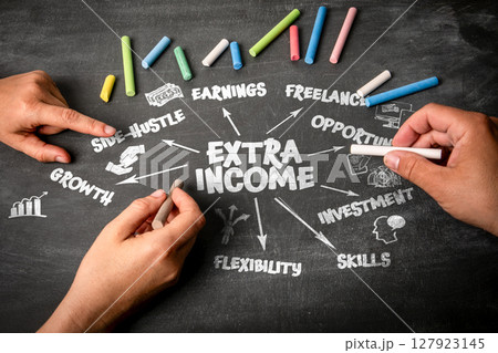 EXTRA INCOME. Illustration with icons, arrows and keywords on a black chalkboard background 127923145
