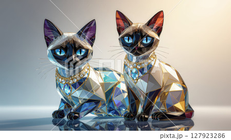宝石の首輪を付けた2匹の幾何学的なシャム猫のポリゴンアート 127923286