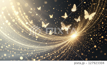 金色の蝶と光の粒が舞う幻想的な夜の風景 金色の蝶と光の粒が舞う幻想的な夜の風景 127923304