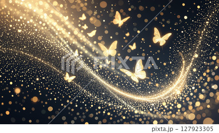 金色の蝶と光の粒が舞う幻想的な夜の風景 127923305