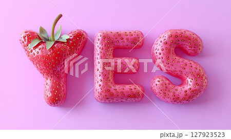 The letter YES is framed by a red strawberry textured fruit for kids on solid background 127923523