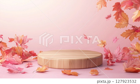 Yellow autumn leaves and simple wooden podium stage display promotion pink background 127923532