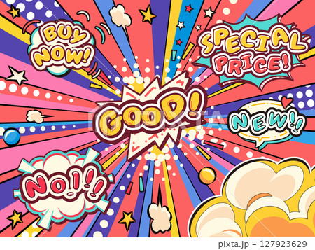 原宿系POPアート吹き出しセット - コミカルな背景と手描き文字 - 広告、SNS、イベント告知に 127923629