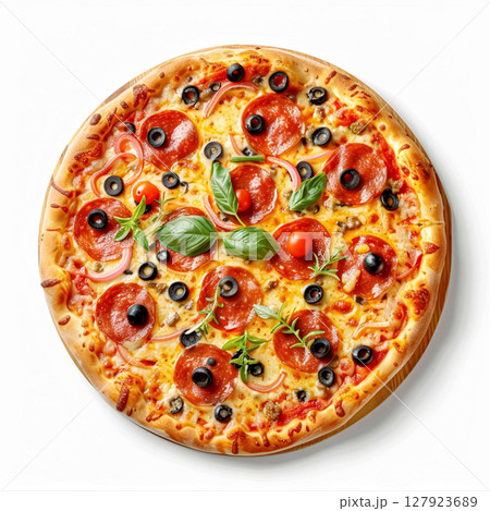 Delicious pepperoni pizza with olives, onions, and basil on a wooden board, shot from above on a white background. 127923689