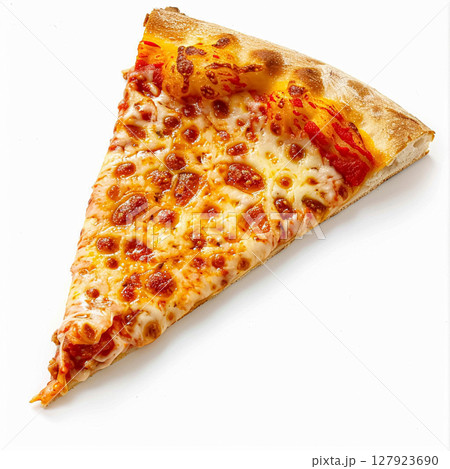 Delicious slice of pizza, featuring melted cheese and rich tomato sauce on a golden crust, isolated on a white background 127923690