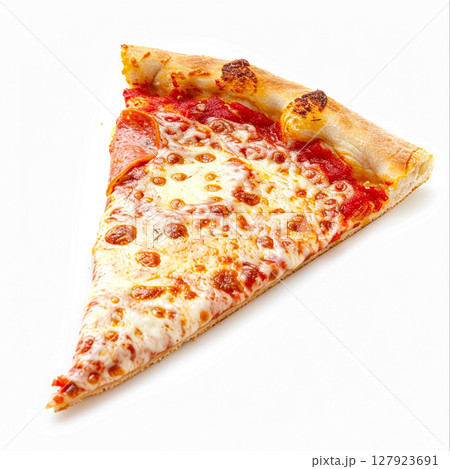 A perfect slice of pepperoni pizza, featuring melted mozzarella cheese and rich tomato sauce on a golden crust, isolated on a white background 127923691