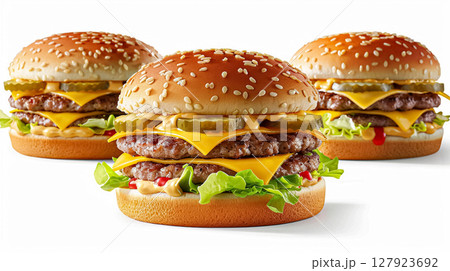 Perfect juicy double cheeseburgers with all the fixings, including melted cheese, fresh lettuce, tomatoes, onions, and pickles on sesame seed buns. 127923692