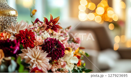 Elegant autumn floral arrangement in warm, muted tones against a bokeh background of golden light. 127923695