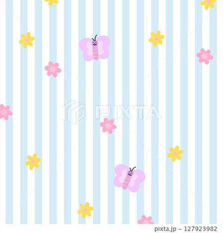 Illustration of stripe background with flowers and butterfly for wallpaper, backdrop, floral print, spring, summer, fabric, garment, textile, duvet, pyjamas, paper design, book cover, nature, garden	 127923982