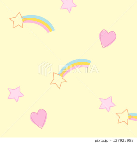 Illustration of rainbow, star, heart on yellow background for wallpaper, backdrop, floral print, spring and summer, fabric, garment, textile, duvet, pyjamas, paper design, book cover, nature, garden Illustration of rainbow, star, heart on yellow background for wallpaper, backdrop, floral print, spring and summer, fabric, garment, textile, duvet, pyjamas, paper design, book cover, nature, garden 127923988
