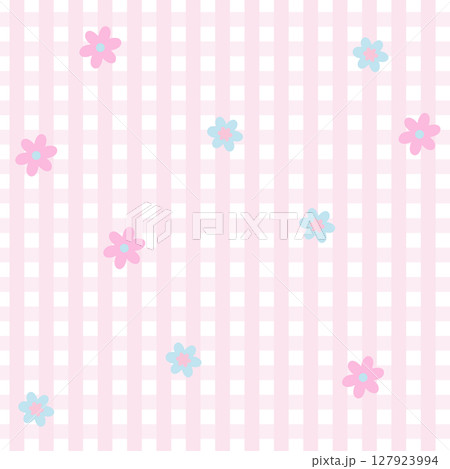 Illustration of pink plaids with flower background for wallpaper, backdrop, floral print, spring and summer, fabric, garment, textile, duvet, pyjamas, paper design, book cover, nature, garden	 127923994
