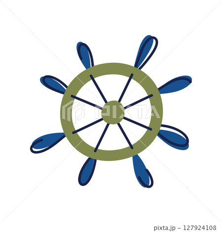 Flat cartoon vector illustration of ship wheel as nautical design element. Stylized marine rudder for ocean decorations, helm icon for underwater world concepts, childrens books, sea adventure visuals 127924108