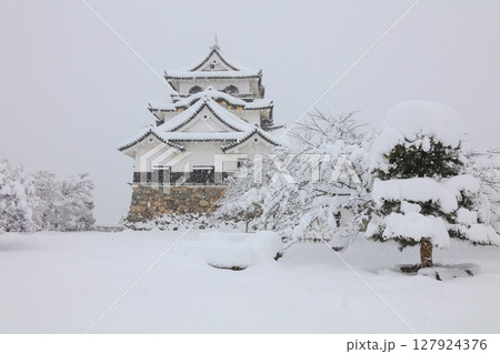 「国宝」彦根城・天守の雪景色/最強寒波の日/日本100名城/日本の音風景100選/琵琶湖国定公園 「国宝」彦根城・天守の雪景色/最強寒波の日/日本100名城/日本の音風景100選/琵琶湖国定公園 127924376