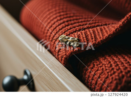Clothes moth eating a knitted red sweater in a wooden drawer Clothes moth eating a knitted red sweater in a wooden drawer 127924420