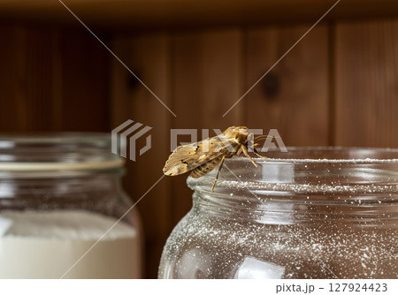 Moth exploring glass jar in pantry, food contamination risk Moth exploring glass jar in pantry, food contamination risk 127924423