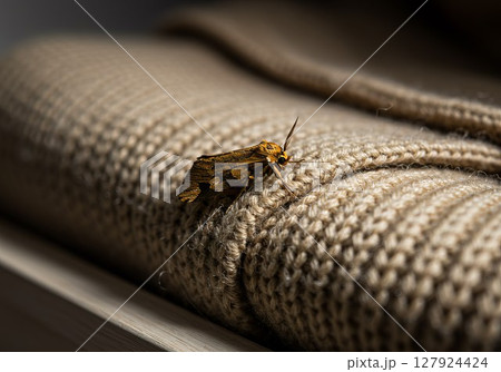 Clothes moth eating a knitted wool sweater, pest control and textile damage Clothes moth eating a knitted wool sweater, pest control and textile damage 127924424