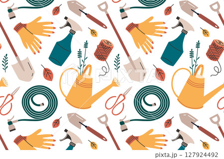 Flat cartoon vector illustration pattern with gardening tools and accessories. Seamless design for planting, farming, backyard work, outdoor activity, garden care products, watering can and shovel Flat cartoon vector illustration pattern with gardening tools and accessories. Seamless design for planting, farming, backyard work, outdoor activity, garden care products, watering can and shovel 127924492