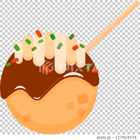 Illustration of takoyaki with a toothpick stuck in it 127924578