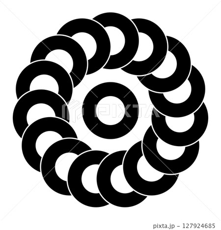 Chain of circles crop circle pattern. 15 overlapping circles, rotated by 24 degrees around a 16th circle in the center, forming a kind of chain. Crop circle found 2025 near Jurassic Coast in Devon. 127924685