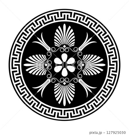 Greek round ornament. Black and white pattern on a white background. Greek pattern. Patterns of Greece and ancient Rome. Circle european border. Typical egyptian, assyrian, greek motives. For ceramics 127925030