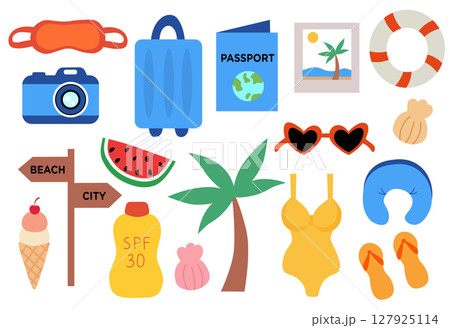 Summer Elements set. Tropical vacation and travel collection. Vector illustration. 127925114