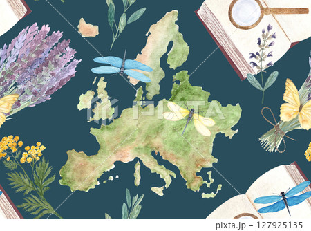 Map of Europe surrounded by dragonflies, lavender, herbs, book, magnifying glasses on a dark background. Watercolor art Ideal for travel branding, nature blogs, educational projects, eco packaging 127925135