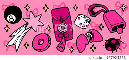 Vibrant lucky doodle symbols on pink Vibrant lucky doodle symbols on pink 127925288