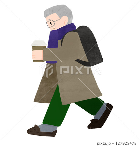 コーヒーを持った年配の男性が歩いている横顔の手描きカラーイラスト 127925478