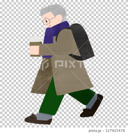 コーヒーを持った年配の男性が歩いている横顔の手描きカラーイラスト 127925478