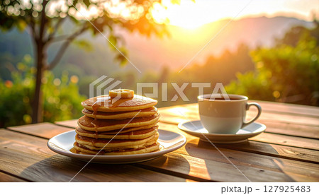 朝食やおやつ時間のイメージ、美味しそうなパンケーキの背景 127925483