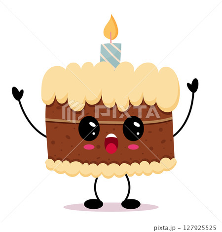 Cute kawaii chocolate cake slice with smiling face and candle Cute kawaii chocolate cake slice with smiling face and candle 127925525