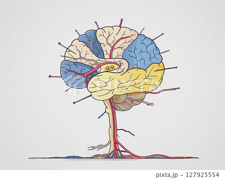colorful, artistic illustration of human brain side view, showcasing different regions with distinct colors and labeled with pins. design highlights brain anatomy creative and educational way. 127925554