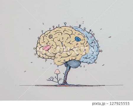 colorful and artistic illustration of human brain, featuring whimsical design with pins and abstract elements. brain is divided into two hemispheres, one yellow and other blue, with tree like 127925555