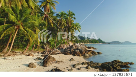 Lush palm trees are leaning over a rocky tropical beach with white sand in Koh Samui, Thailand, creating a serene and idyllic paradise scene Lush palm trees are leaning over a rocky tropical beach with white sand in Koh Samui, Thailand, creating a serene and idyllic paradise scene 127925671