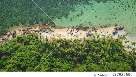 Aerial view of a breathtaking tropical beach meeting lush green vegetation on the stunning Koh Samui Island in Thailand, showcasing the beauty of nature and tranquility of the island 127925696
