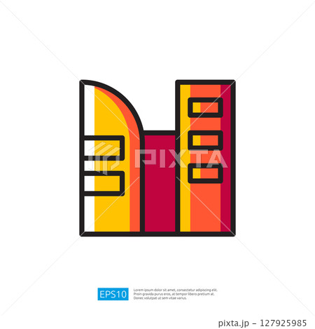 Colorful Icon of a Modern Building with Geometric Design Elements Representing Urban Architecture in a Vibrant Cityscape 127925985