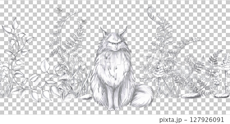 Seamless border with angry cat on fern background. Isolated pencil illustration on magical forest theme for interior design, Halloween cards, invitations, printing on clothes. Seamless border with angry cat on fern background. Isolated pencil illustration on magical forest theme for interior design, Halloween cards, invitations, printing on clothes. 127926091