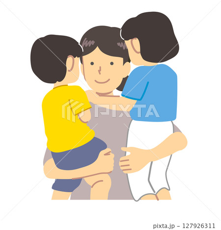 2人の子供を抱き抱える母親イラスト 127926311