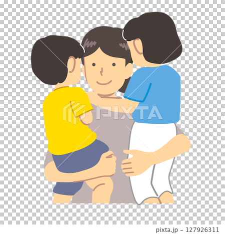 2人の子供を抱き抱える母親イラスト 127926311