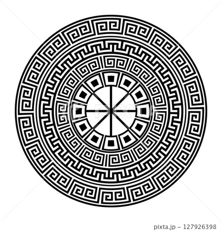 Vector round monochrome classic pattern frame plate. Greek round frame. Greek pattern. Greek meander. Patterns of Greece, ancient Rome. Circle european border. Typical egyptian, assyrian, greek motive 127926398