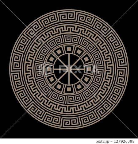 Vector round golden classic pattern frame plate. Greek round frame. Greek pattern. Greek meander. Patterns of Greece, ancient Rome. Circle european border. Typical egyptian, assyrian, greek motives 127926399