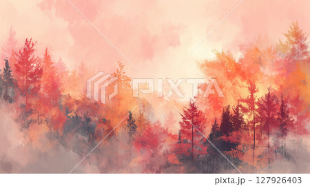 水彩画タッチの柔らかな秋の森の風景 水彩画タッチの柔らかな秋の森の風景 127926403